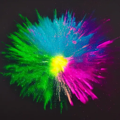 Image similar to A centered explosion of colorful powder on a black background