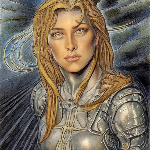 Image similar to jeanne d'arc in the style of william blake, terese nielsen, detailed, intricate, beautiful faces, steve argyle