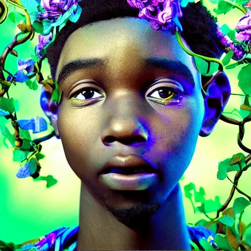 Image similar to colourful vfx art - portrait of nigerian boy wrapped in flowers & vines, art by frank frazetta & tadanori yokoo, volumetric light, ray tracing, unreal engine, octane render, sharp, detailed, digital painting, illustration, highly detailed, intricate detail, pinterest, behance, art station,