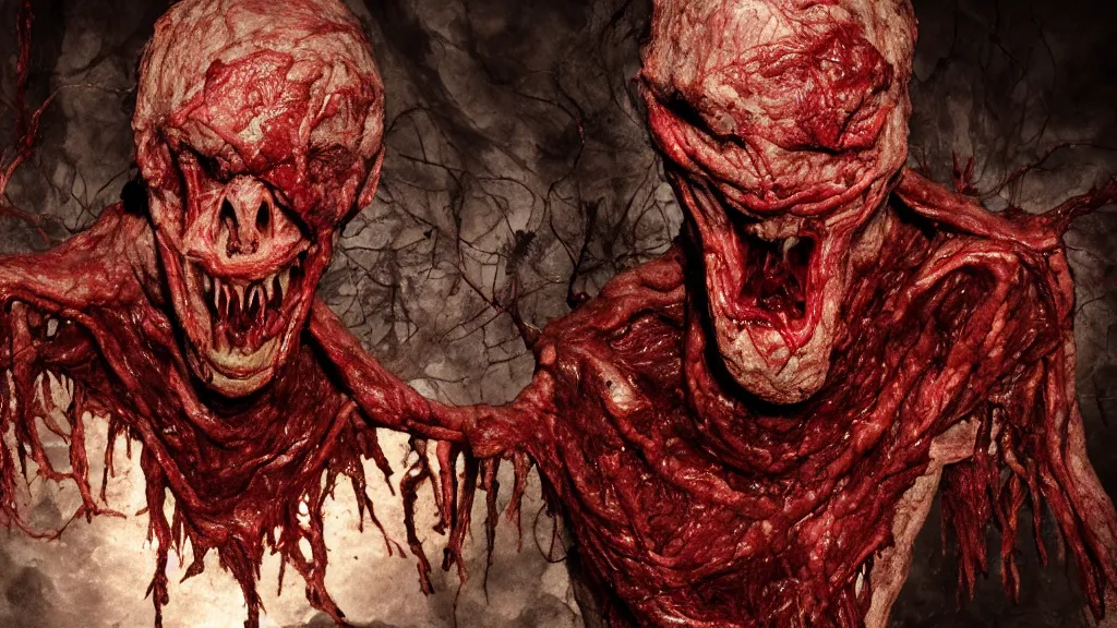 Image similar to monster made of guts, meat and veins. Eldritch, horror, 8K, concept art, filmic, HDR, hyperrealism, volumetric lighting, Dark art