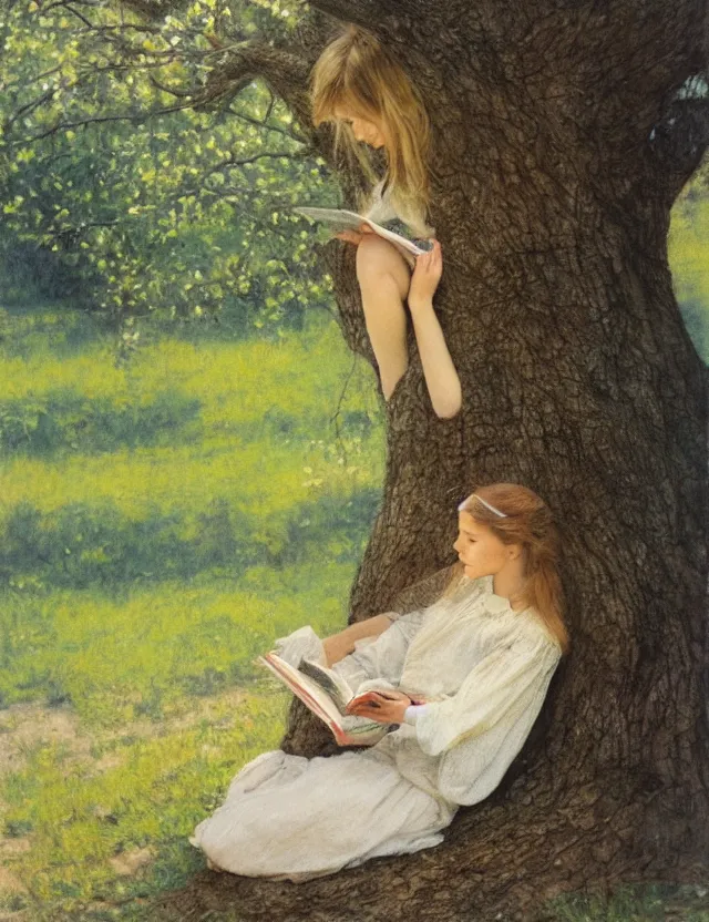 Prompt: peasant girl sitting on a tree and reading a book, polaroid photo bleached vintage pastel colors high - key lighting, soft lights, foggy, by steve hanks, by lisa yuskavage, by serov valentin, by tarkovsky, detailed, oil on canvas