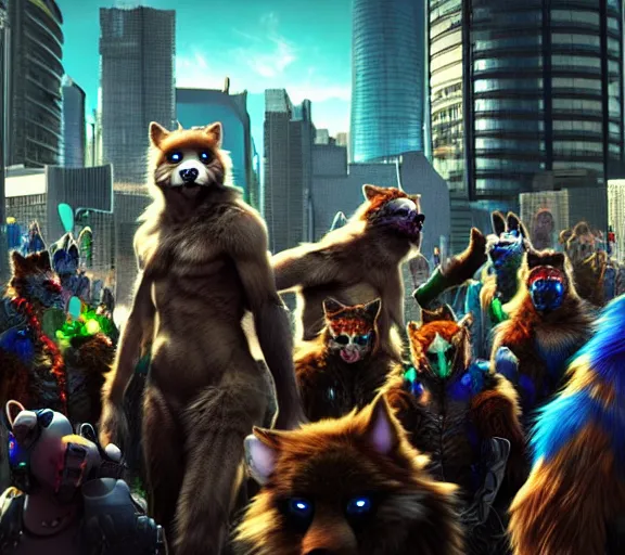 Image similar to high - resolution photograph from a biopunk era furry fandom convention ( midwest furfest 2 0 4 7 ), taking place after the genetic revolution and quantum singularity. photorealistic.