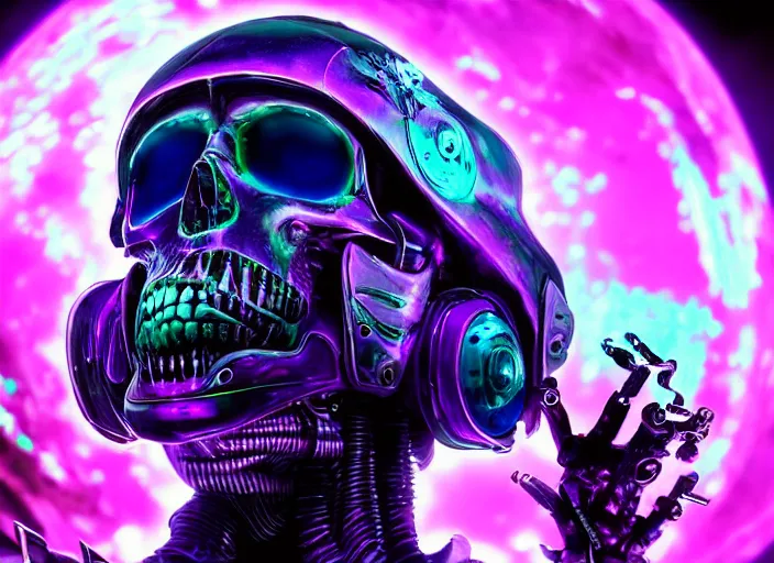 Image similar to a futuristic skull with glowing eyes and a purple background, cyberpunk art by android jones, behance contest winner, computer art, darksynth, synthwave, rendered in cinema 4 d