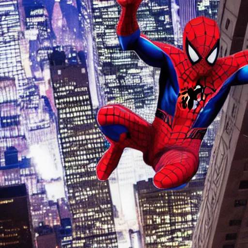 Prompt: Spiderman miles morales on top of a skyscraper in new York city at night