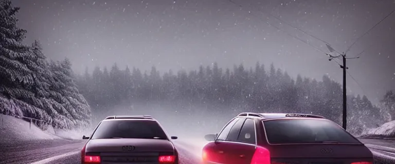 Image similar to Audi A4 B6 Avant (2002), a gritty neo-noir, dramatic bright lighting, cinematic, establishing shot, extremely high detail, photorealistic, cinematic lighting, artstation, by simon stalenhag, Snowy italian road, Alps, At night, Poets of the Fall - Late Goodbye