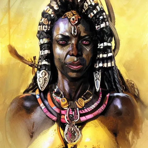 Prompt: African Warrior Priestess with Shining Eyes, by Simon Bisley and Jeff Simpson