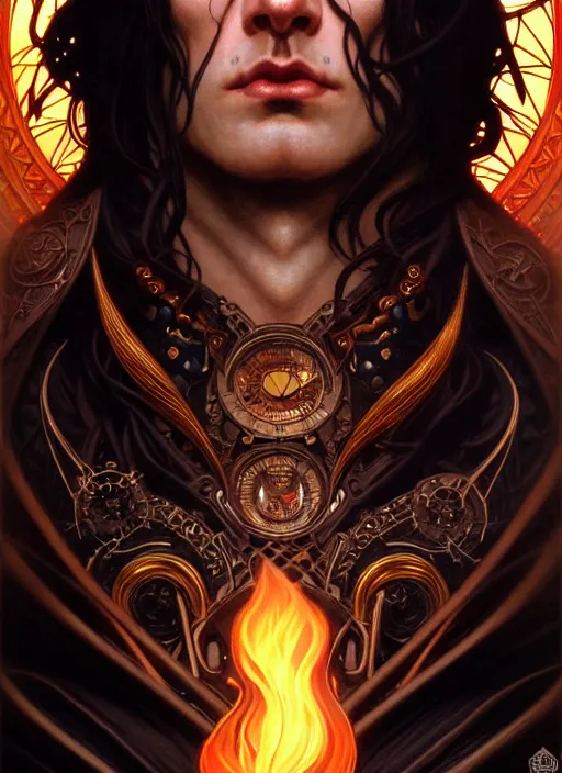 Prompt: portrait of god ares, long straigt black hair,, glowing eyes, volumetric lights, fire, art nouveau botanicals, gothic, intricate, highly detailed, digital painting, artstation, concept art, smooth, sharp focus, symmetric face, illustration, steampunk, art by artgerm and greg rutkowski and alphonse mucha