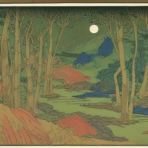 Image similar to A beautiful photograph of a serene and picturesque forest scene. The leaves are all different shades of green, and the sunlight is shining through the trees. There is a small stream running through the forest, and the whole scene is surrounded by mountains. lawn green, ensō by Utagawa Kuniyoshi, by Jean Fouquet