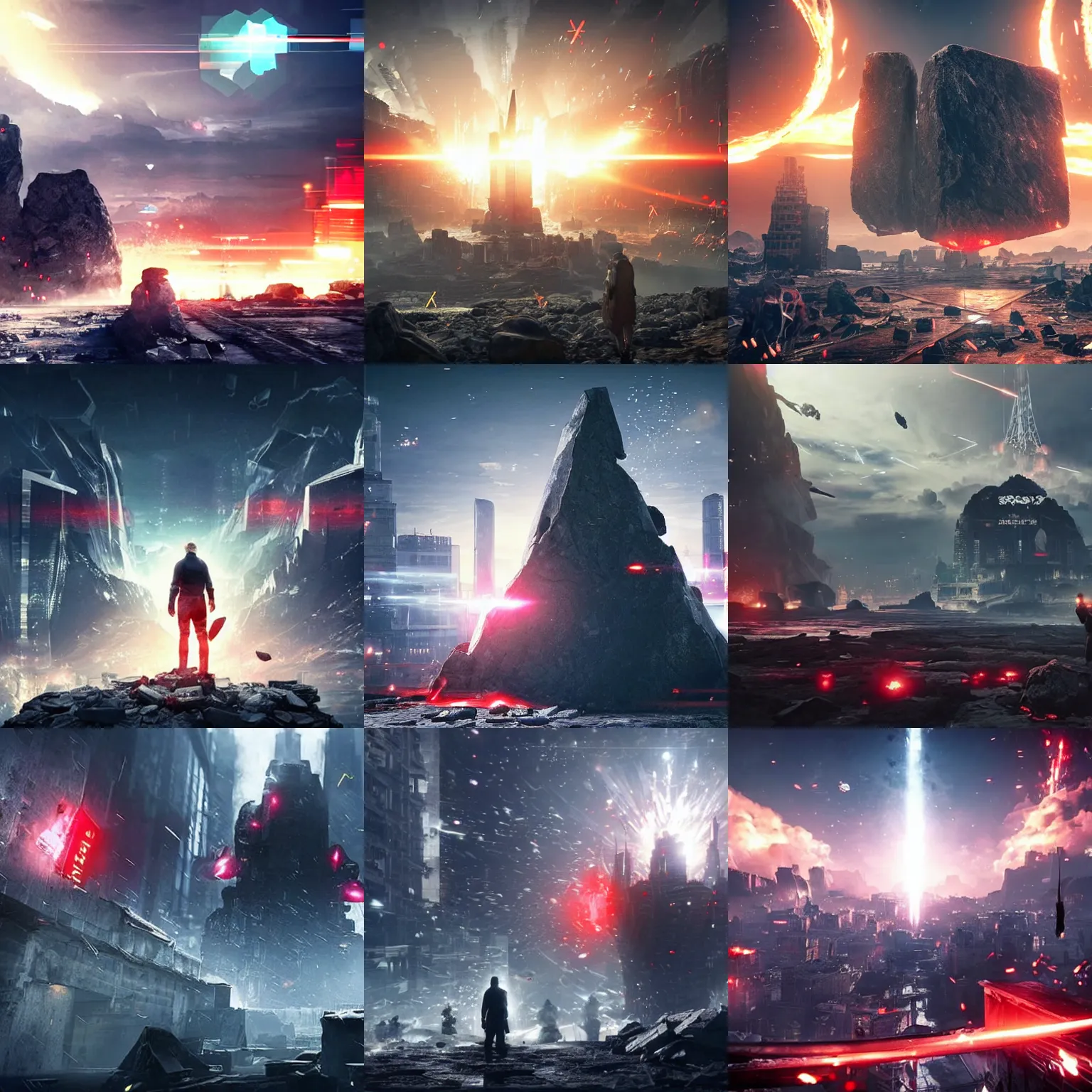 Prompt: a huge 1 0 0 0 meters towering and broken black stone tablet with red light stands in the center of a prosperous city at the end of the world, and the energy is released, secret, mysterious, doomsday, landscape, video game control, quantum break, arknights