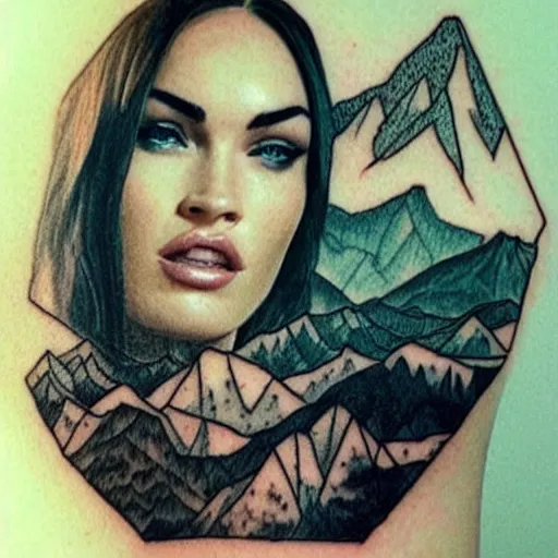 Image similar to megan fox as beautiful mountains, double exposure effect, medium sized tattoo sketch, amazing detail, on pinterest