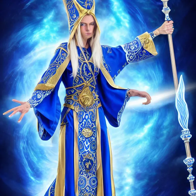 Image similar to elemental sky witch in ornate blue and white robes and staff, highly detailed, 8 k, hdr, anne stokes