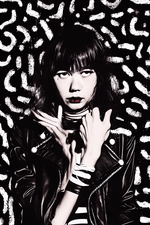 Image similar to dreamy rock girl, black leather jacket, detailed acrylic, grunge, perfect lighting. professional design. great composition, illustration by alex ross, yayoi kusama, peter lindbergh, 8 k