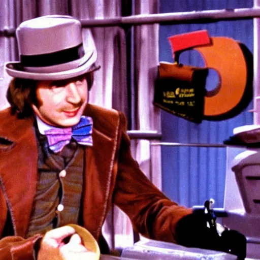 Image similar to a film still of paul!!!! rudd!!!! in the 1 9 7 1 movie willy wonka and the chocolate factory