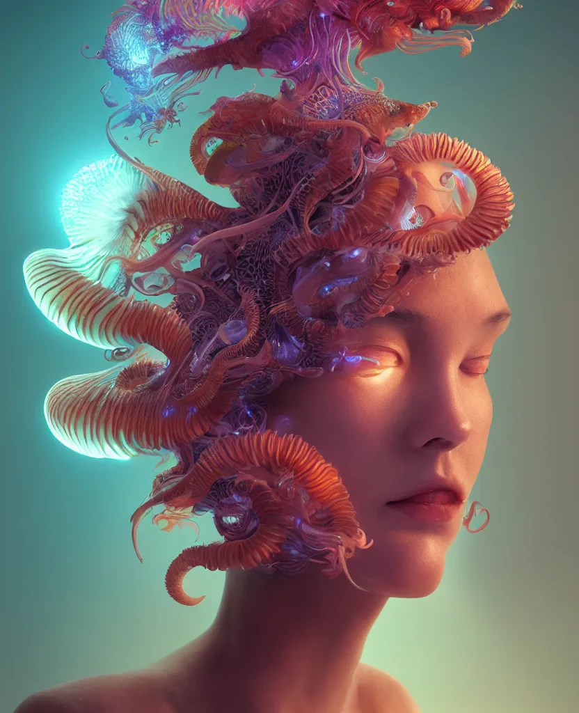 Image similar to goddess close-up portrait. chimera orchid jellyfish phoenix head, nautilus, skull, betta fish, bioluminiscent creatures, intricate artwork by Tooth Wu and wlop and beeple. octane render, trending on artstation, greg rutkowski very coherent symmetrical artwork. cinematic, hyper realism, high detail, octane render, 8k