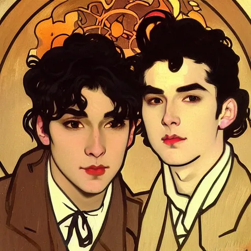 Image similar to painting of young cute handsome beautiful dark medium wavy hair man in his 2 0 s named shadow taehyung and cute handsome beautiful min - jun together at the halloween! party, bubbling cauldron!, candles!, smoke, autumn! colors, elegant, wearing suits!, delicate facial features, art by alphonse mucha, vincent van gogh, egon schiele