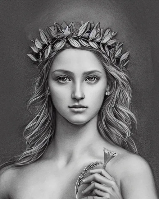 Prompt: pencil drawing of the very beautiful greek goddess aphrodite wearing a laurel wreath with arrowhead earrings, piercing eyes, beautiful flowing hair, hyper realistic face, in the style of greg rutkowski, fantasy, amazing detail, epic, elegant, smooth, sharp focus, young
