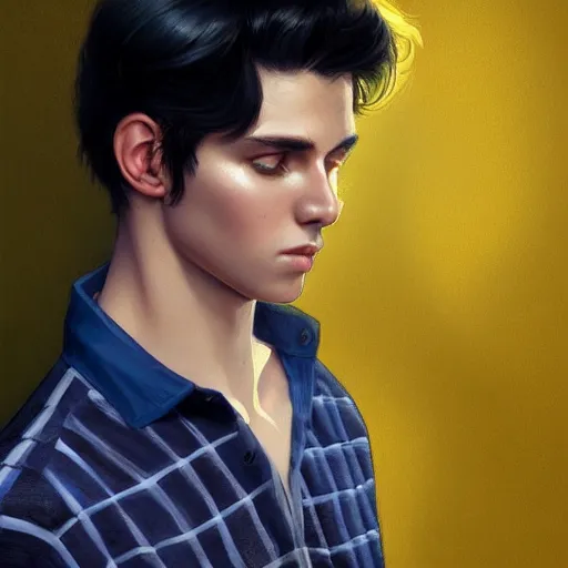 Image similar to ultra realistic illustration, a young man with black hair, in a checkered yellow shirt, with blue eyes, highly detailed, digital painting, artstation, concept art, smooth, sharp focus, illustration, art by artgerm and greg rutkowski and alphonse mucha