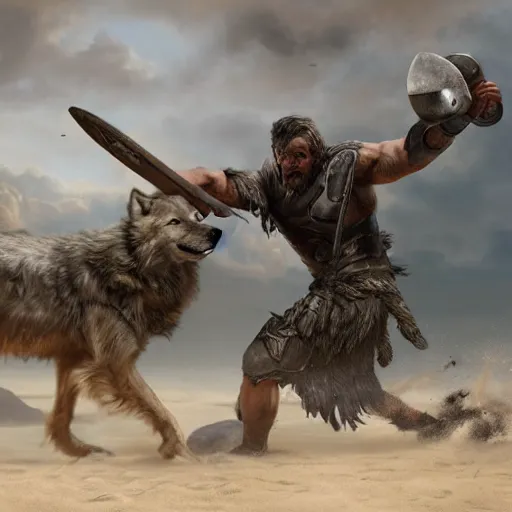 Image similar to an spartan man fighting with an wolf on a beach, Matte painting , detailed painting, made by Greg Rutkowski, 4k, atmospheric