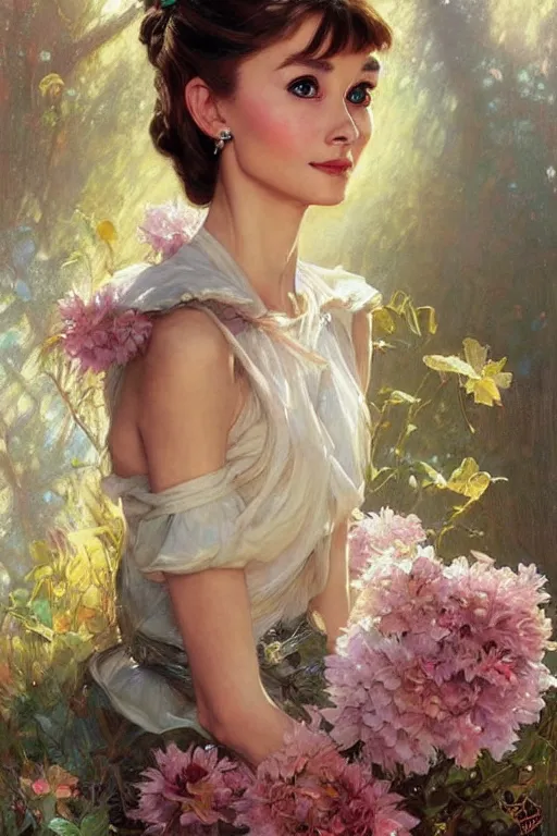 Image similar to young Audrey Hepburn portrait, fantasy, elegant, intricate, delicate, by Stanley Artgerm Lau, greg rutkowski, thomas kindkade, alphonse mucha, loish, norman Rockwell