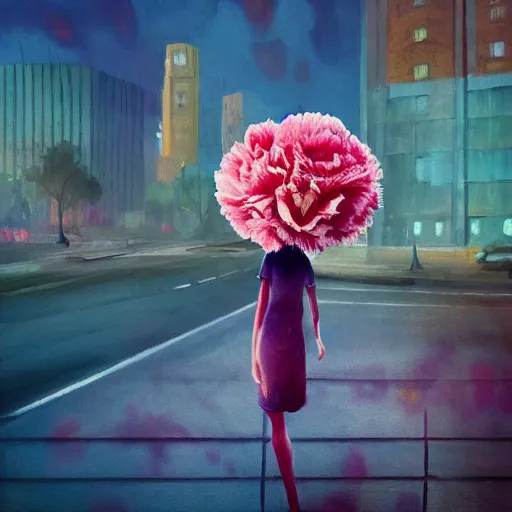 Prompt: giant carnation flower head, woman walking in a modern city, surreal photography, dramatic light, impressionist painting, digital painting, artstation, simon stalenhag