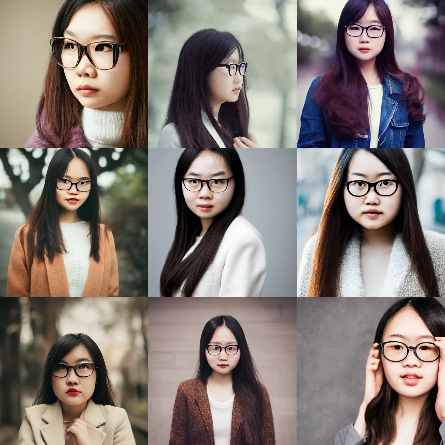 Prompt: portrait, award - winning, beautiful, cute, adorable, plump round faced, dark brown colored wavy long hair, slim figure, wearing round glasses, white jacket clothing, asian girl, bokeh, dimly lit, intricate, highly detailed face, 8 k