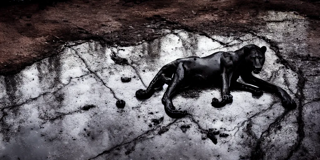 Image similar to the black lioness made of tar, dripping tar, dripping goo, sticky black goo, laying on their back bathing in the pit filled with tar, dripping goo, sticky black goo. photography, dslr, reflections, black goo, rim lighting, cinematic light, tar pit, chromatic