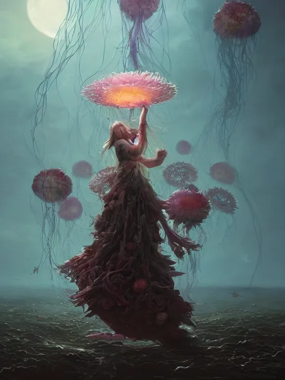 Image similar to a fancy portrait of a giant floating flower and jellyfish by Greg Rutkowski, Sung Choi, Mitchell Mohrhauser, Maciej Kuciara, Johnson Ting, Maxim Verehin, Peter Konig, Bloodborne, beeple, 8k photorealistic, cinematic lighting, HD, high details, atmospheric , trending on artstation. made in Maya, Blender and Photoshop, octane render, excellent composition, cinematic dystopian brutalist atmosphere, dynamic dramatic cinematic lighting, aesthetic, very inspirational, arthouse. y Greg Rutkowski, Ilya Kuvshinov, WLOP, Stanley Artgerm Lau, Ruan Jia and Fenghua Zhong