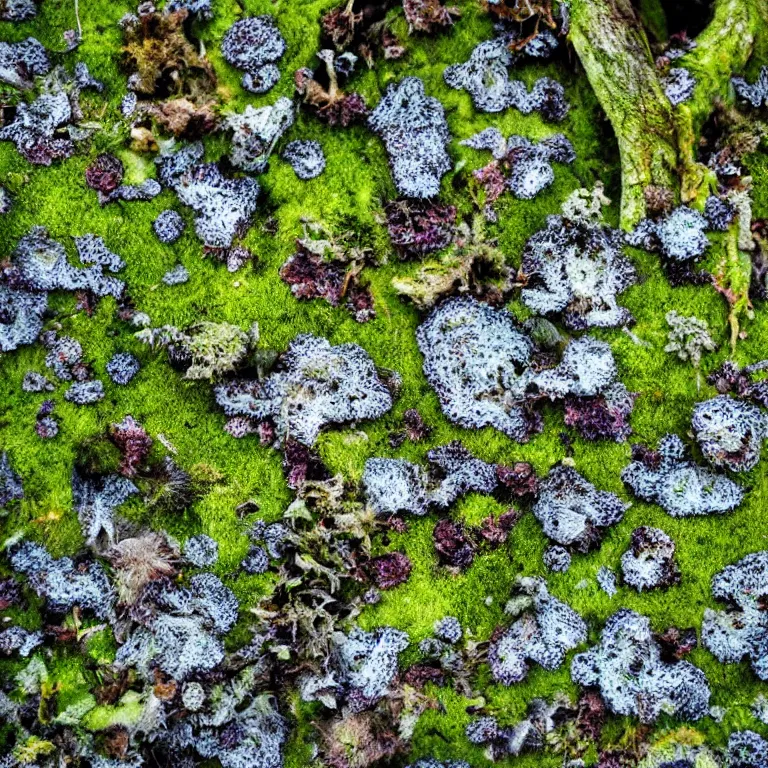 Image similar to a drawn picture lichens and moss close-up various fungus, mushrooms and plants, Atmospheric phenomenon, artistic photography, muted colors, conceptual, long exposure outside the city