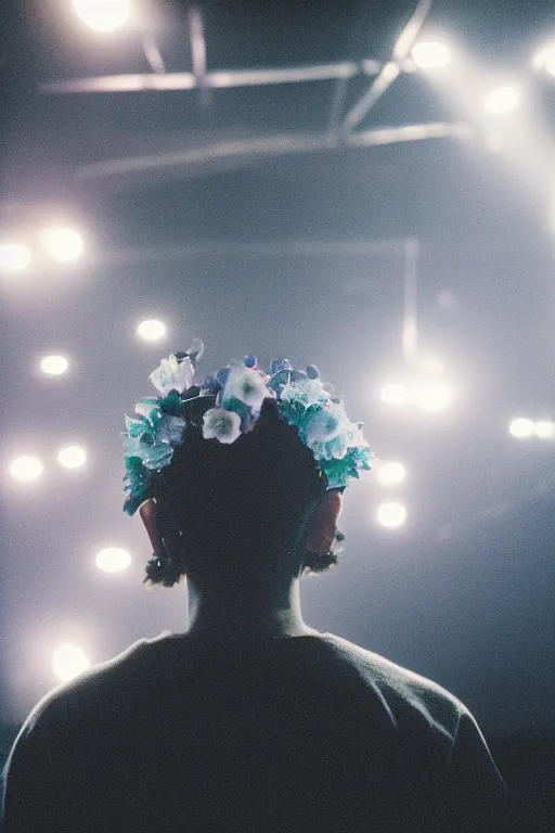 Image similar to agfa vista 4 0 0 photograph of a skinny guy in a rave club, futuristic, synth vibe, vaporwave colors, lens flare, flower crown, back view, moody lighting, moody vibe, telephoto, 9 0 s vibe, blurry background, grain, tranquil, calm, faded!,