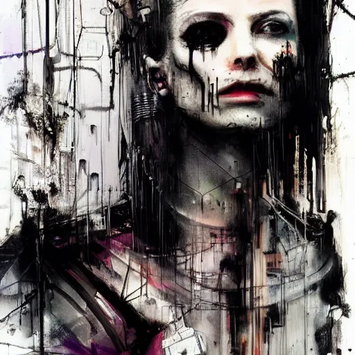 Image similar to a cyberpunk gothic noir detective, skulls, wires cybernetic implants, machine noir grimcore in cyberspace photoreal, atmospheric by jeremy mann francis bacon and agnes cecile, ink drips paint smears digital glitches