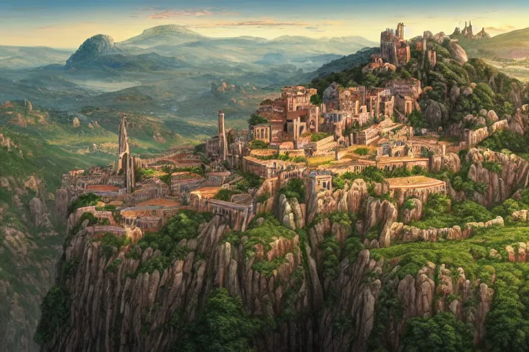 Image similar to an ultra detailed matte landscape painting of an extremely tall and strong young man with short brown hair standing on a cliff overlooking a medieval capital built on top of many hills, italian renaissance architecture, ultrawide lense, aerial photography, 8 k, volumetric lighting, smooth, highly detailed, digital illustration, art by kentaro miura and akira toriyama and artgerm