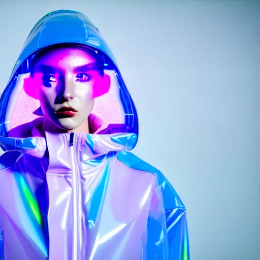 Image similar to an ultra high definition professional studio quality portrait photograph of an artificial celebrity cyberpunk pop star wearing a transparent iridescent perspex pastel coloured face visor and matching raincoat in an empty white room. dramatic lighting. volumetric shadows. light rays