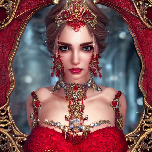 Image similar to wonderful princess with smooth fair skin, alluring eyes, red jewelry, breathtaking, elegant, intricate, ornate backdrop, hyper detailed, accent lighting, 4 k glamour photography, octane render