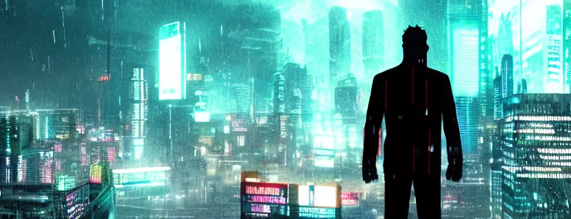 Image similar to shot of the man standing on the roof, looks at impressive cyberpunk city at night during great storm, nightscape, futuristic architecture, realistic photo, neons, blade runner, akira style, cinematic lighting, cinematic angles