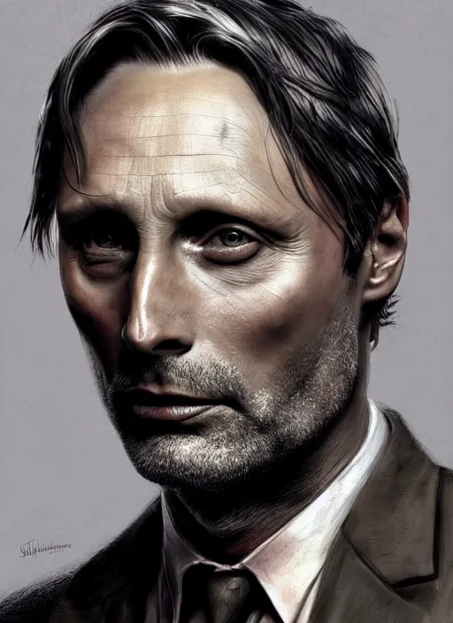 Image similar to portrait of Mads Mikkelsen as Hannibal Lecter, highly detailed, centered, solid color background, digital painting, artstation, concept art, smooth, sharp focus, illustration, artgerm, donato giancola, Joseph Christian Leyendecker, Les Edwards, Ed Repka, WLOP, Artgerm