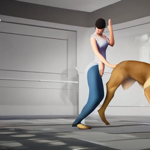 Image similar to still of woman working on her dog's clothing line, disney, comic book style, the dog is doing a ballet dance, highly detailed, 8k resolution, octane renderer