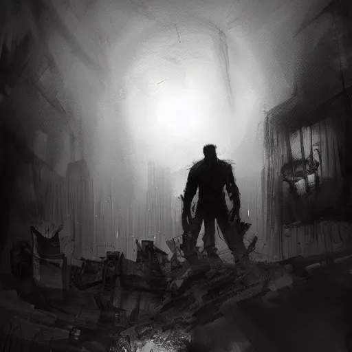 Image similar to artstation detailed man looks at darkness, chaos, fear