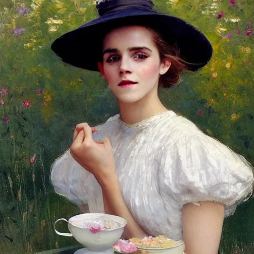 Image similar to thick paint brush strokes full body fashion model smiling emma watson by Jeremy Lipking by Hasui Kawase by Richard Schmid (((smokey eyes makeup eye shadow fantasy, glow, shimmer as victorian woman in a long white frilly lace dress and a large white hat having tea in a sunroom filled with flowers, roses and lush fern flowers ,intricate, night, highly detailed, dramatic lighting))) , high quality