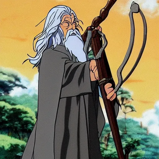 Image similar to gandalf from the anime lord of the rings (1986), holding a wooden staff, studio ghibli, very detailed, realistic