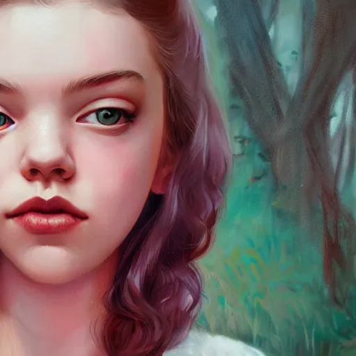 Prompt: a beautiful scenic painting of a beautiful young woman that looks like anya taylor - joy by artgerm and wlop and wes anderson and spike jonze