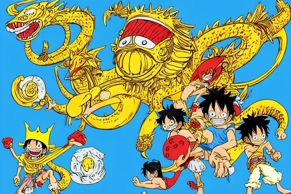 Image similar to concept sketches of luffy wearing a gold crown riding a large dragon by jamie hewlett, in the style of megaman, micro detail