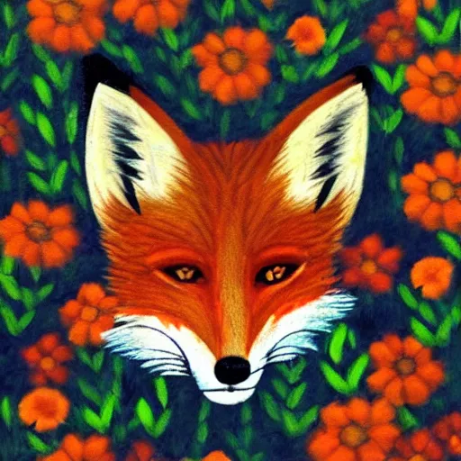 Prompt: a portrait of a fox in a field of beautiful flowers