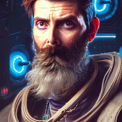 Image similar to portrait painting of a cyberpunk dwarf mechanic bearded david tennant, ultra realistic, concept art, intricate details, eerie, highly detailed, photorealistic, octane render, 8 k, unreal engine. art by artgerm and greg rutkowski and charlie bowater and magali villeneuve and alphonse mucha