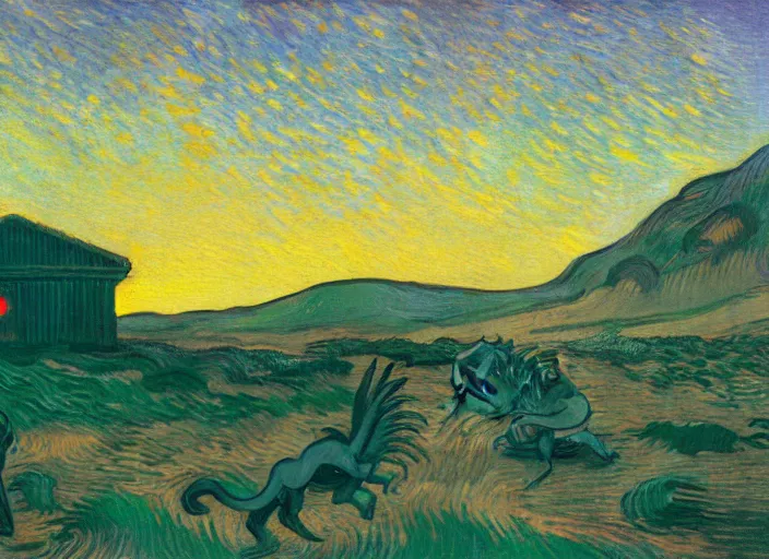 Image similar to painting of the extinction of the dinosaurs with asteroid and fire, in the style of edward hopper and vincent van gogh, dramatic lighting at dusk