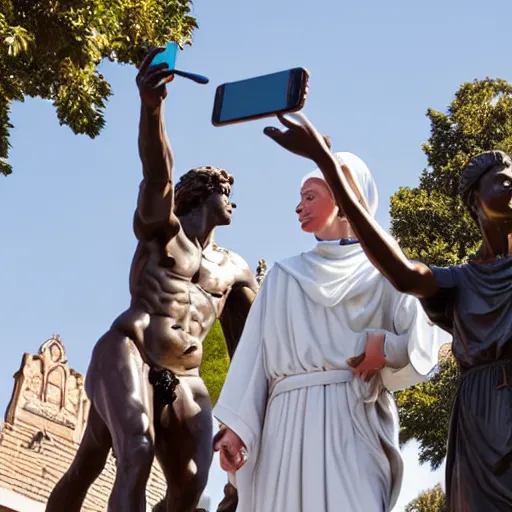 Image similar to statue of david by michelangelo and a group of nuns taking a selfie with a selfie stick