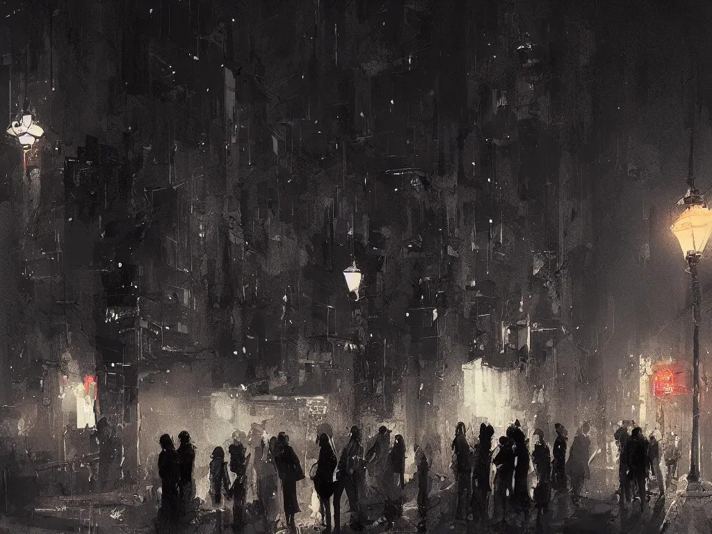 Prompt: few people waiting in a bus stop in dark city night, high quality, detailed, high resolution, in the style of ismail inceoglu