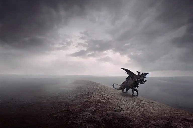 Prompt: a cinematic wide angle photograph of a dragon walking through a vast serene landscape, beautiful lighting, high depth, ultra realistic, artistic, by michal karcz and john harris