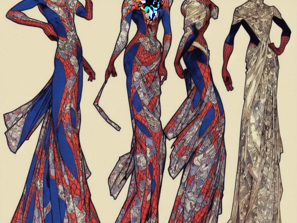 Image similar to 4 elegant full length spider man dress designs with natural history prints designed by alphonso mucha