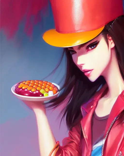 Image similar to mango girl wearing a candy hat and leather jacket, fine detail!! anime!! realistic shaded lighting!! digital painting by ilya kuvshinov, magali villeneuve, artgerm, jeremy lipkin and michael garmash and rob rey