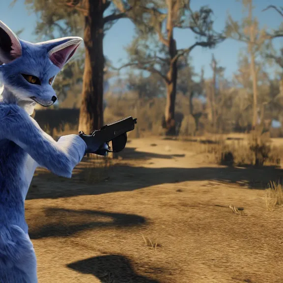 Image similar to a blue fennec fox furry in a fursuit in red dead redemption 1 killing himself with his revolver